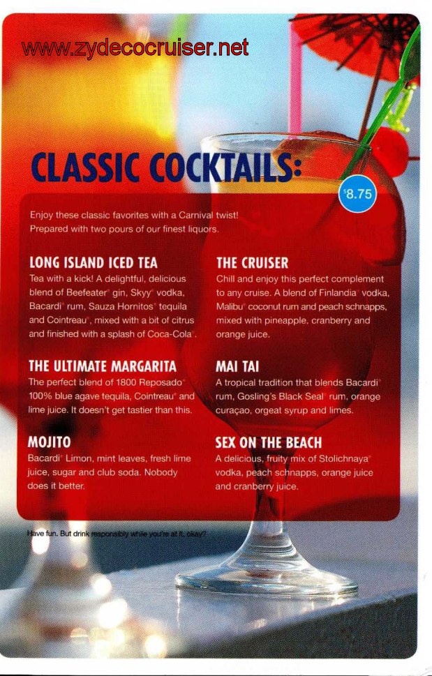 Carnival Pool Bar Menu, Page 4