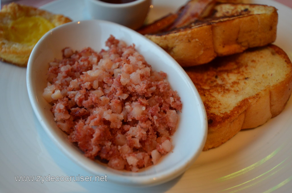 Corned Beef Hash, French Toast, Bacon, Pastry Thingy 