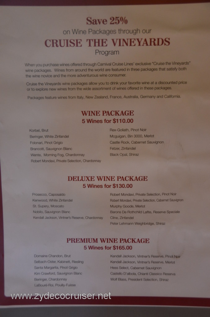 016: Carnival Conquest, Nov 14, 2011, Sea Day 1, Wine packages (+15% gratuity)