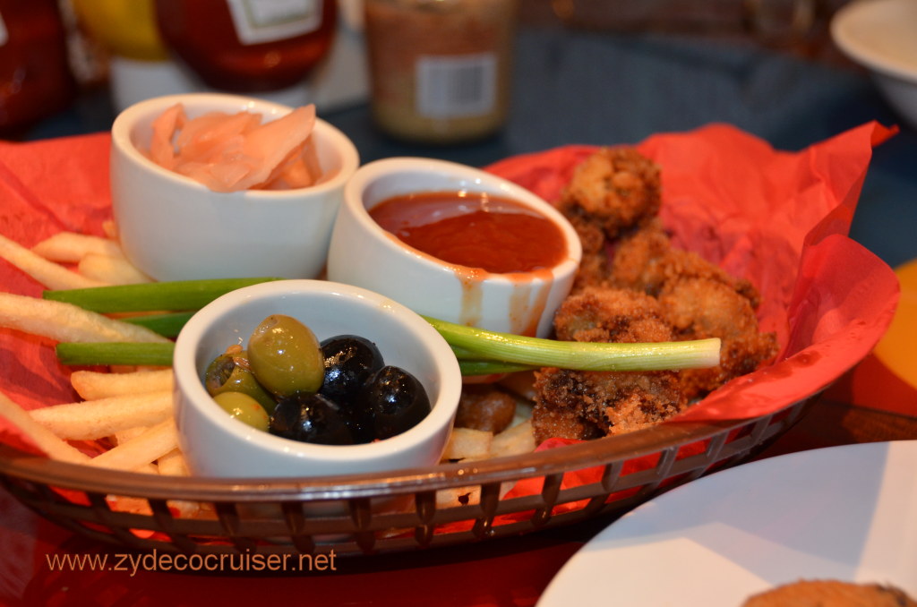 257: Carnival Conquest, Nov 17, 2011, Roatan, Sur Mer, Fish n' Chips, Fried Oysters, Ginger, Sweet Chili Sauce, Olives