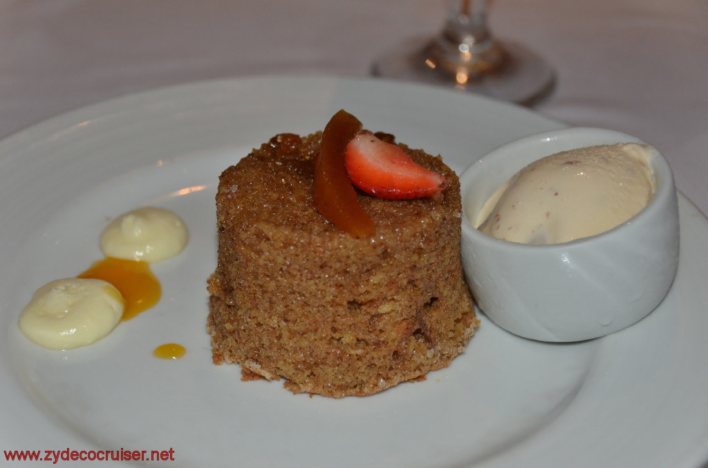 Carnival Conquest, Fun Day at Sea 2, MDR dinner, Warm Fig, Date, and Cinnamon Cake, 