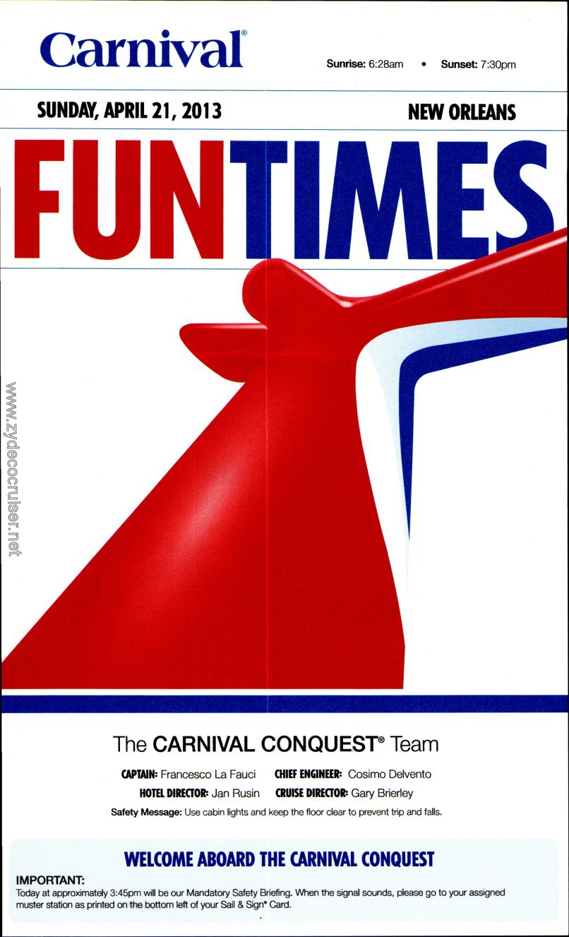 Carnival Conquest Fun Times, April 21, 2013, page 1