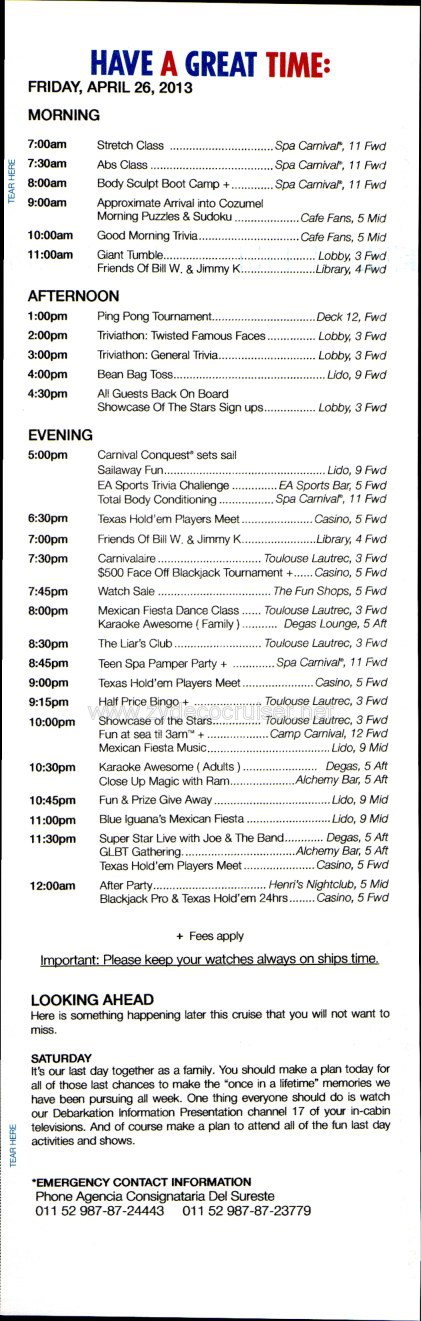 Carnival Conquest Fun Times, April 26, 2013, page 5