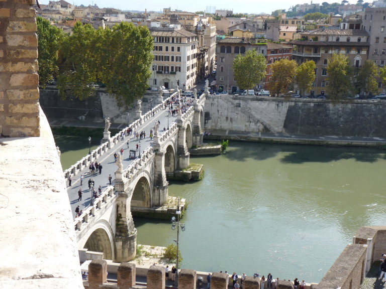 3032: View from Castel Sant'Angelo, Rome, Italy. Pont Sant'Angelo - used to be Bridge of Hadrian - Tiber River