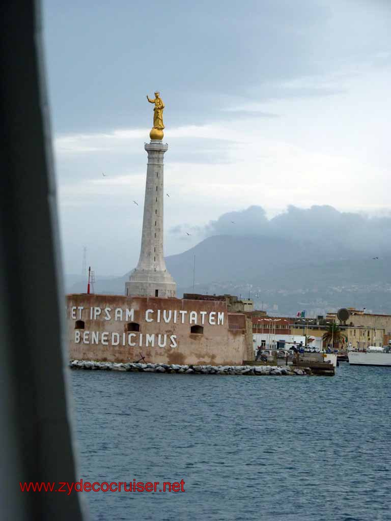5537: Carnival Dream - Statue at the entrance to Messina Harbor - La Madonna della Lettera - Lady of the Letter - patron Saint of Messina - "Vos et ipsam civitatem benedicimus"