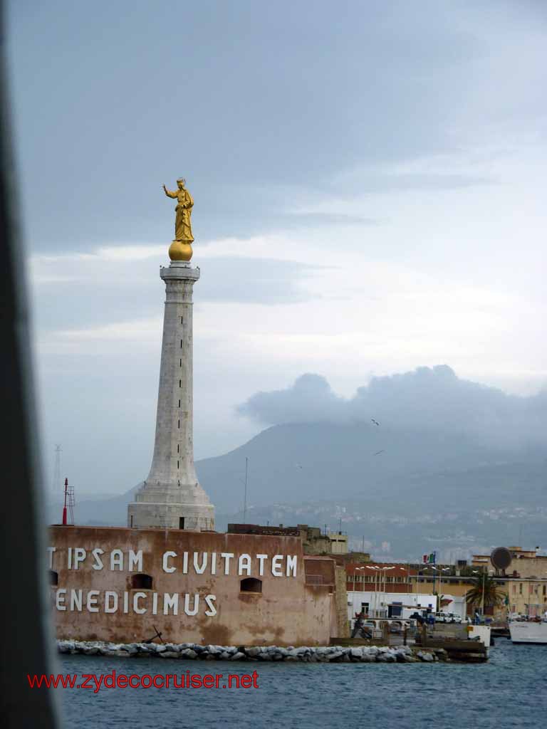 5540: Carnival Dream - Statue at the entrance to Messina Harbor - La Madonna della Lettera - Lady of the Letter - patron Saint of Messina - "Vos et ipsam civitatem benedicimus"