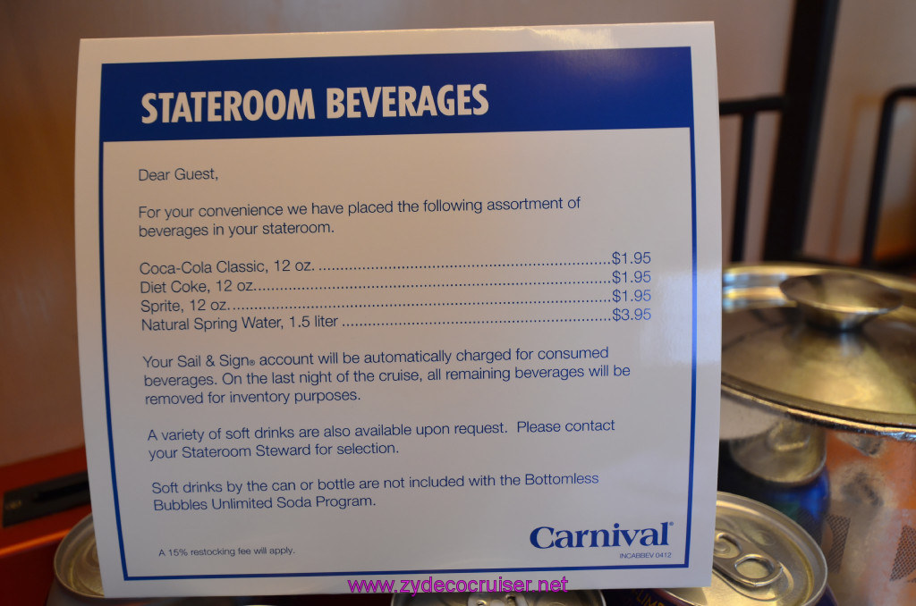 025: Carnival Elation, New Orleans, Embarkation, Stateroom Beverage Menu