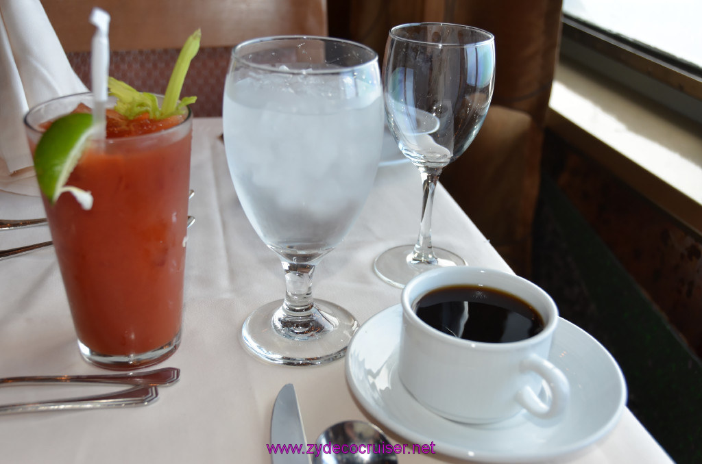 001: Carnival Elation, Fun Day at Sea 2, MDR Breakfast, Double Bloody Mary (with free drink coupon), Water, Coffee