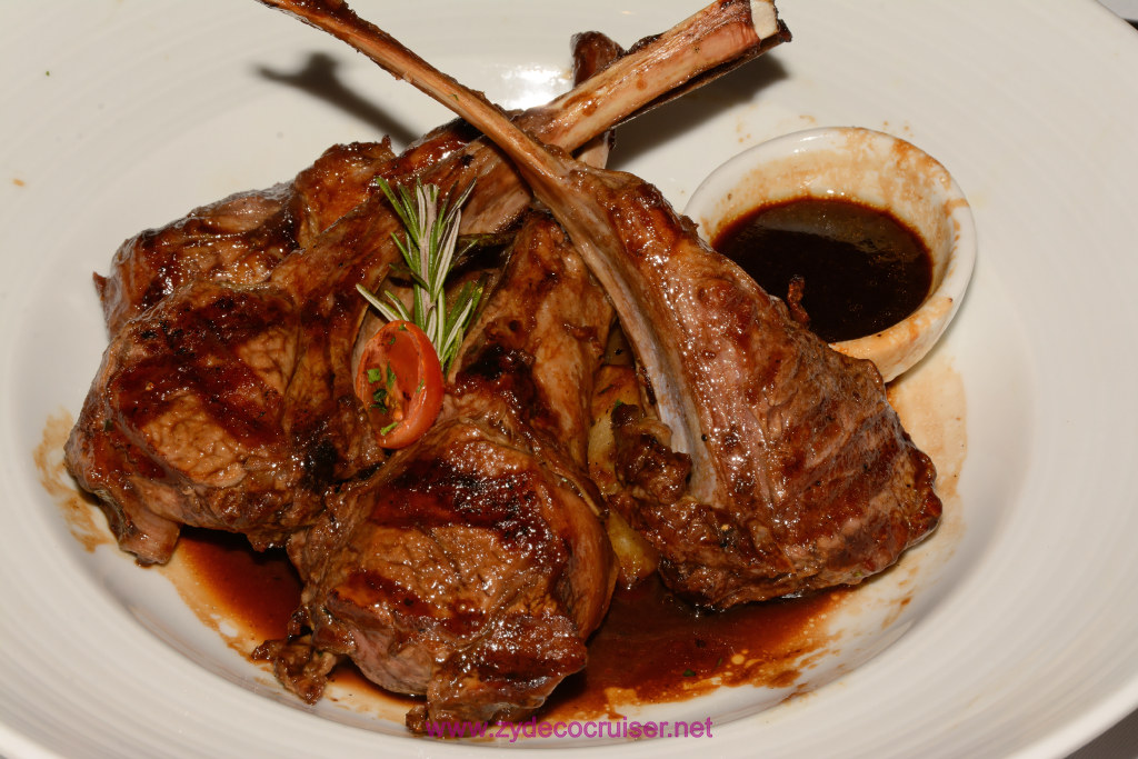 Carnival Freedom, American Table, Dinner 6, Steakhouse Selections, $20 surcharge, Grilled Lamb Chops. Amazing.
