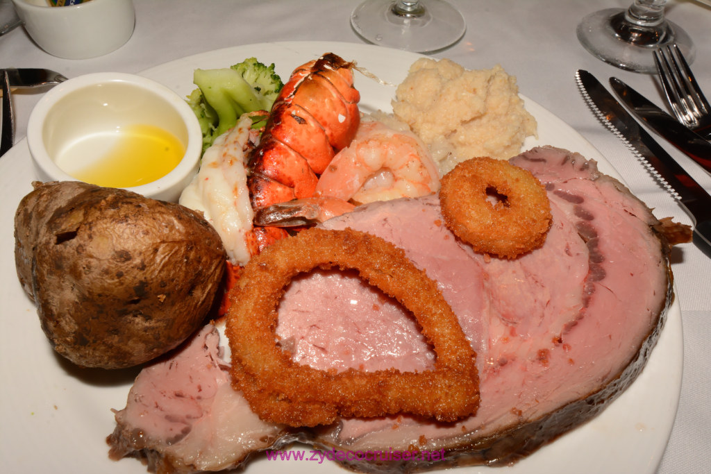 126: Carnival Horizon Transatlantic Cruise, Sea Day 1, MDR Dinner, Combined Broiled Maine Lobster Tail and Slow Cooked Prime Rib