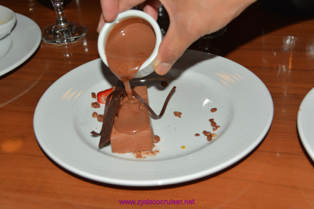 409: Carnival Imagination, Catalina, MDR Dinner, Malted Chocolate Mousse Hazelnut Cake, adding chocolate sauce, 