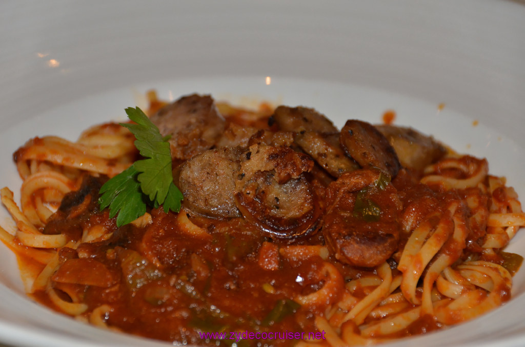 197: Carnival Legend British Isles Cruise, Dover, Embarkation, MDR Dinner, Linguini with Italian Sausage, Bell Peppers and Mushrooms, 