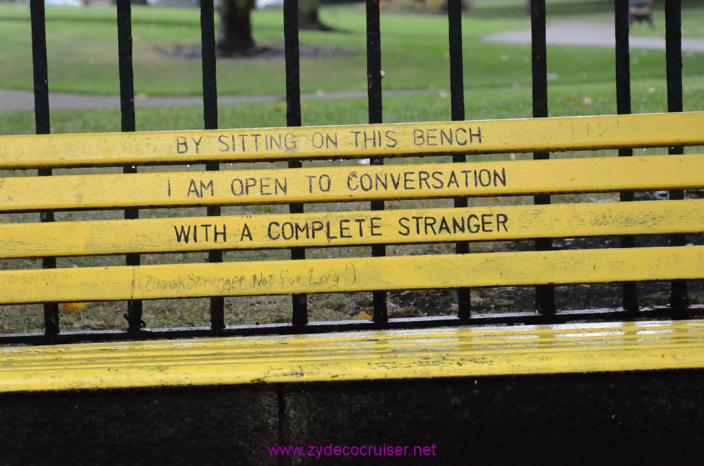 110: Carnival Legend, British Isles Cruise, Dublin, Mount Joy Square, By Sitting on this bench, I am open to conversation, with a complete stranger