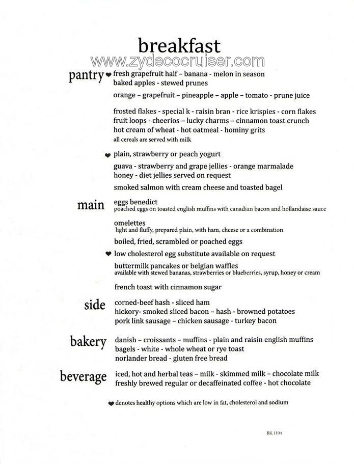 Carnival Magic Main Dining Room Menu, Breakfast