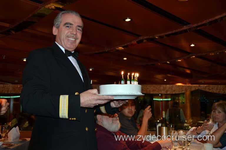 408: Carnival Magic Grand Mediterranean Cruise, Monte Carlo, Monaco, Dinner, Ken delivering Birthday Girl's Cake