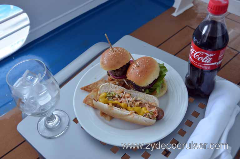 078: Carnival Magic, Mediterranean Cruise, Sea Day 2, Lunch on our cove Balcony from Oceanside Barbeque, Sliders and Carnival Dog