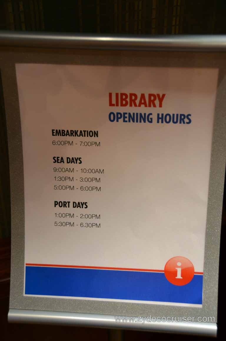 039: Carnival Magic, Mediterranean Cruise, Sea Day 3, Library (Books and Games) hours