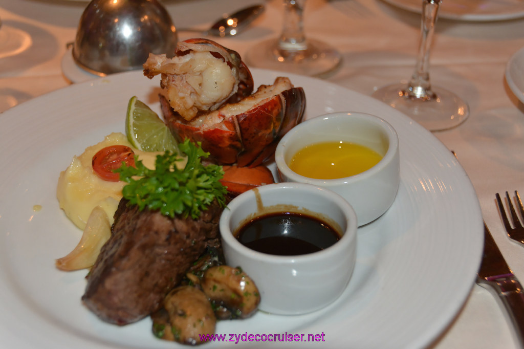 561: Carnival Miracle Alaska Cruise, Ketchikan, MDR Dinner, Steakhouse Selections, $20 surcharge, Surf and Turn, Maine Lobster Tail and Filet Mignon,