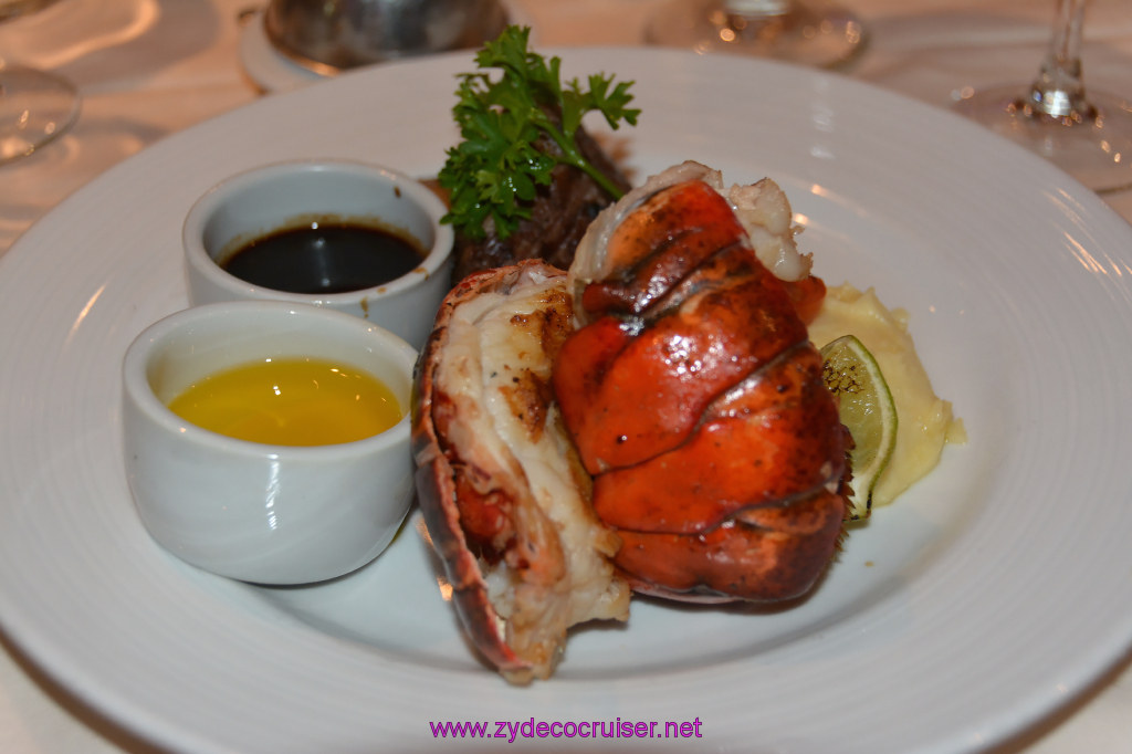 562: Carnival Miracle Alaska Cruise, Ketchikan, MDR Dinner, Steakhouse Selections, $20 surcharge, Surf and Turn, Maine Lobster Tail and Filet Mignon,