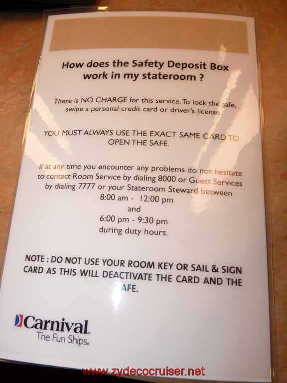 643: Carnival Sensation - In-room safe instructions