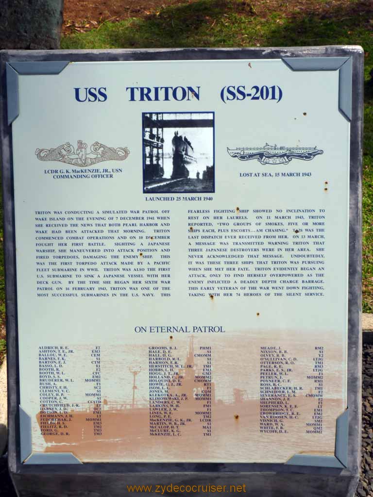 312: Carnival Spirit, Honolulu, Hawaii, Pearl Harbor VIP and Military Bases Tour, On Eternal Patrol, USS  Triton (SS-201)