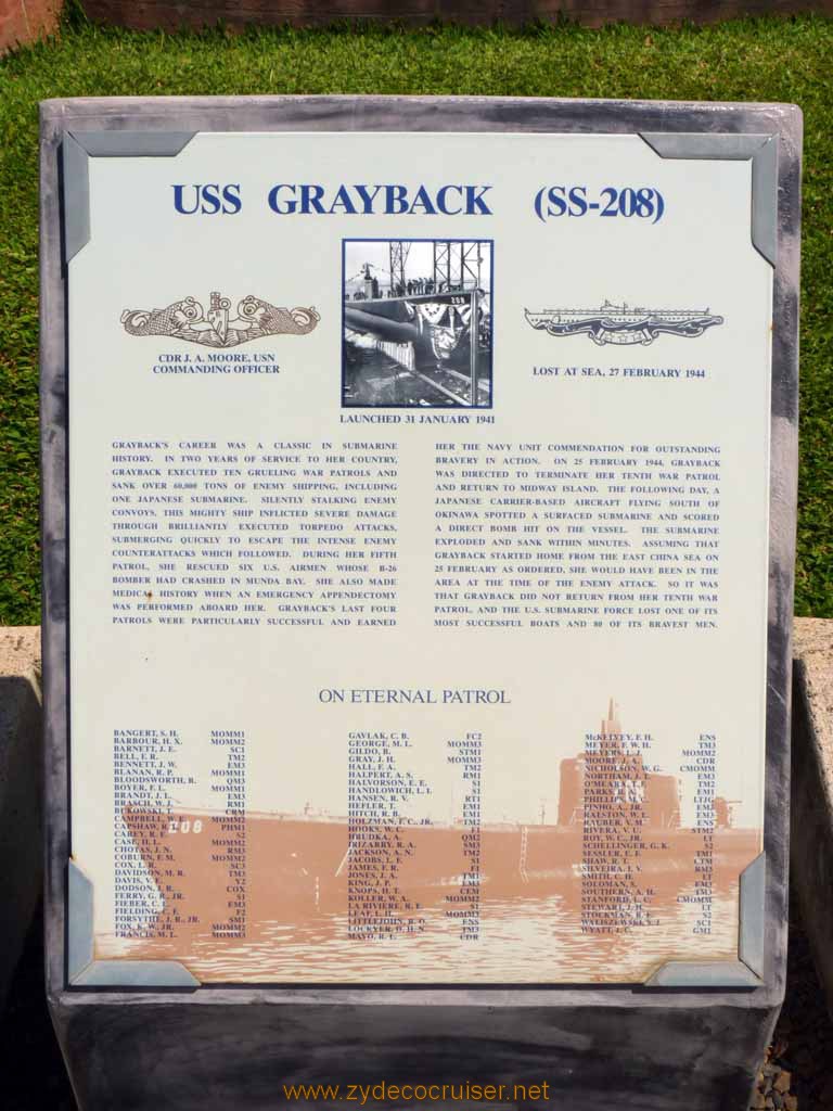 329: Carnival Spirit, Honolulu, Hawaii, Pearl Harbor VIP and Military Bases Tour, On Eternal Patrol, USS Grayback (SS-208)