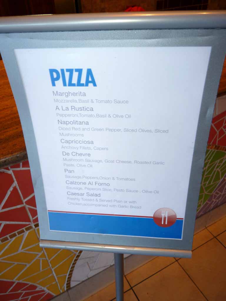 015: Carnival Spirit, Sea Day 1 - Pizza menu - looks a little bright - oops