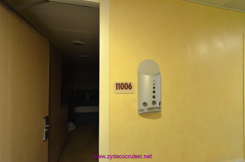044: Carnival Sunshine Cruise, Barcelona, Embarkation, Stateroom 11006 door, happened to be open
