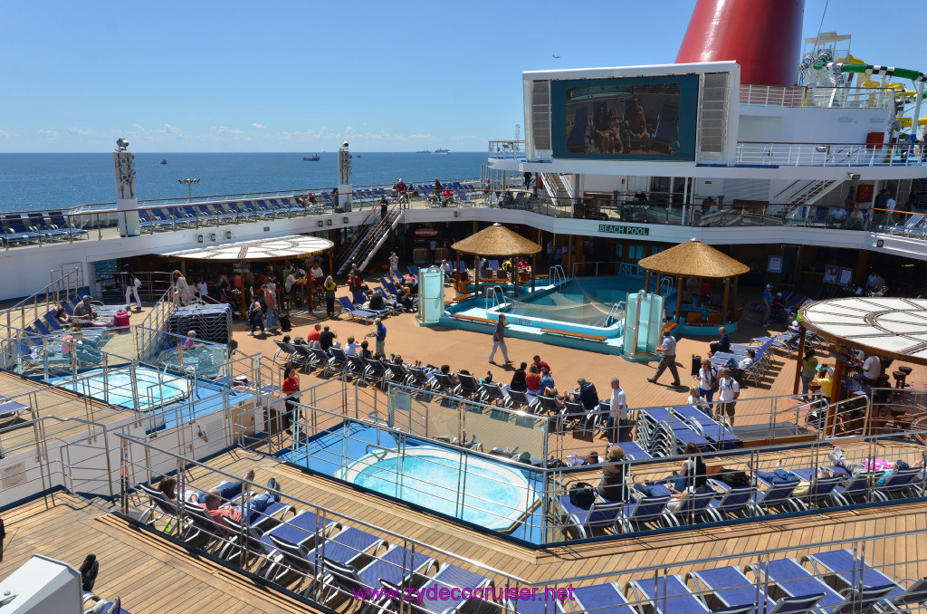 081: Carnival Sunshine Cruise, Barcelona, Embarkation, Serenity overlooking Lido pool and Whirlpools, 