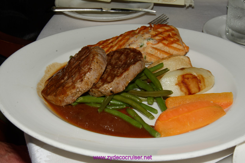 076: Emerald Princess Cruise, MDR Dinner, Combo Grilled Salmon with Her & Lemon Compound Butter / Grilled Beef Filet Medallions, Truffle-Madeira Demi-Glace, 