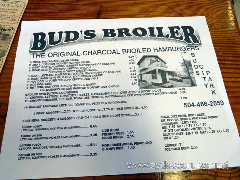 003: Bud's Broiler, New Orleans, City Park Ave Location, Menu