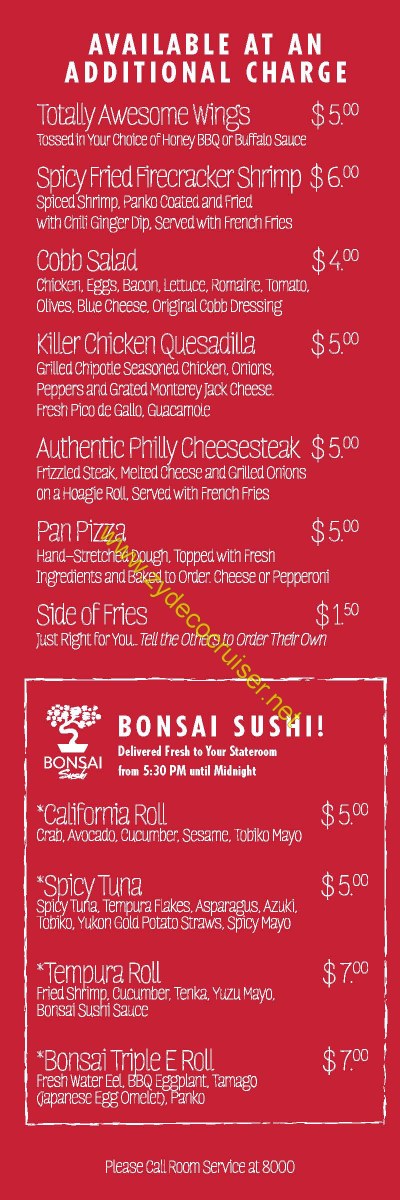 Carnival Cruise Room Service Menu - With Sushi - Page 5