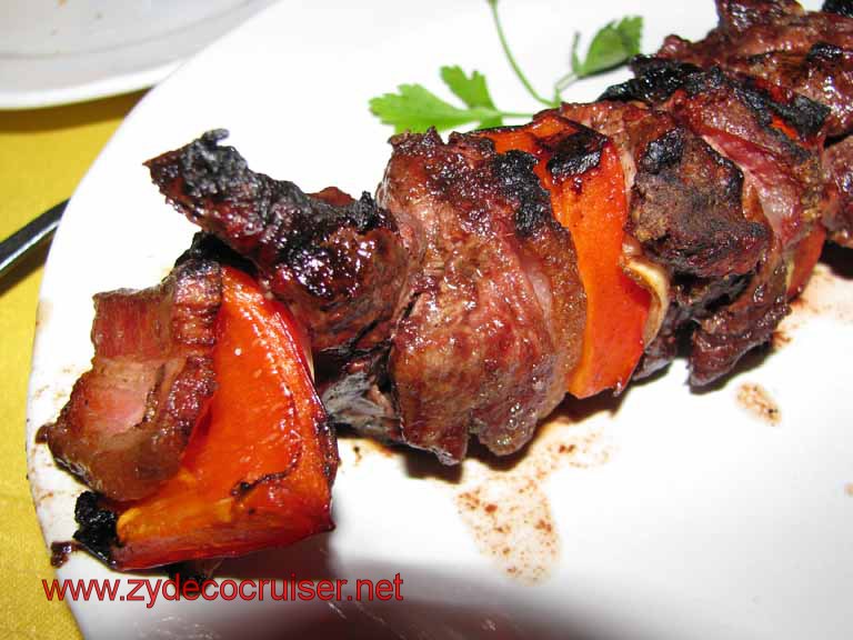137: Carnival Splendor, Montevideo - Los Lenos Restaurant - My shish kebab with beef, bacon, peppers... Delish!