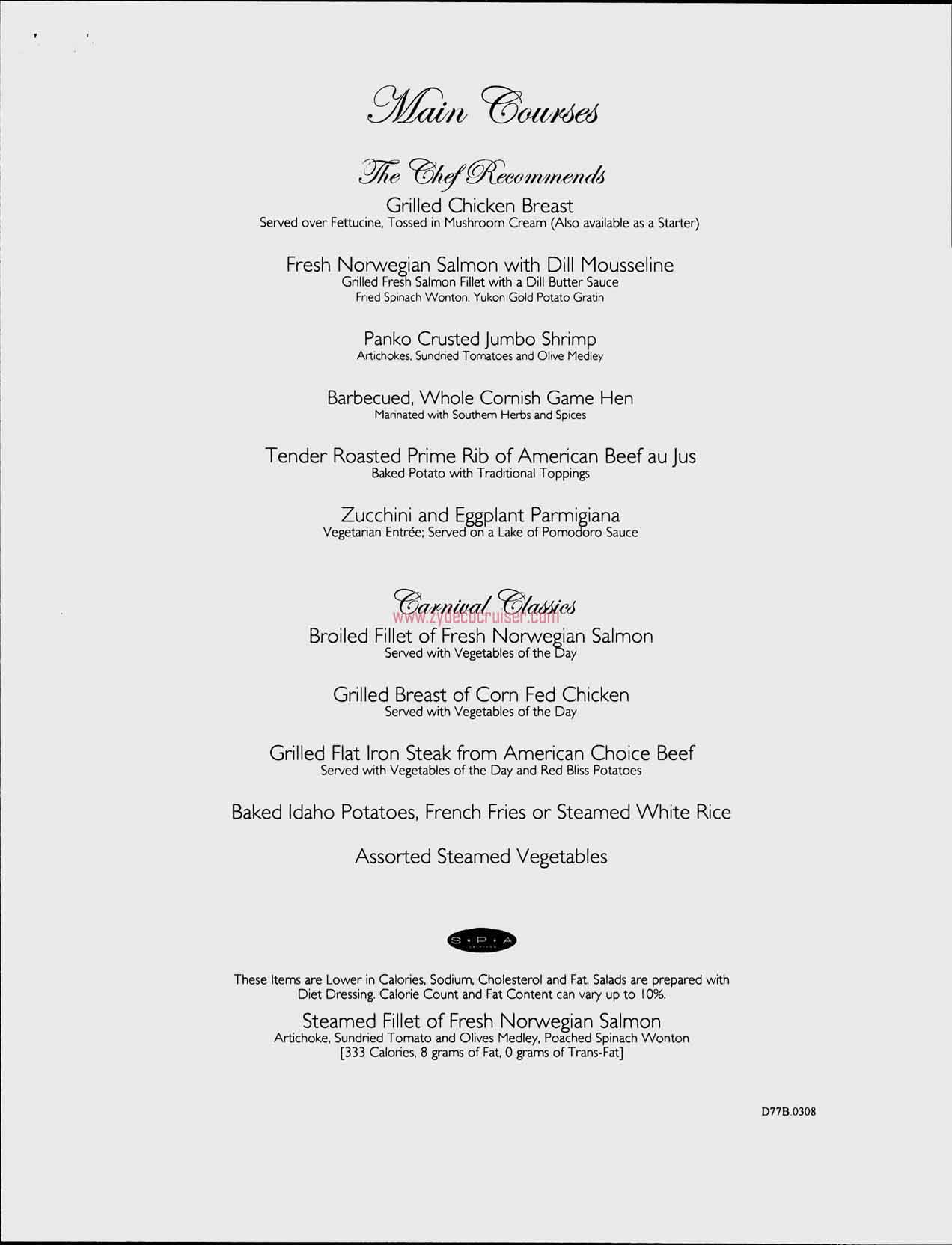 Dinner Menu, Day 6, Page 2, Carnival Freedom