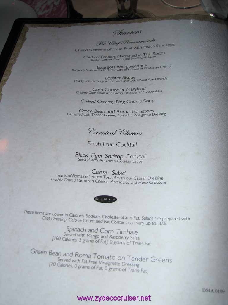 140: Carnival Fantasy, John Heald Bloggers Cruise 2, Cozumel, Dinner Menu