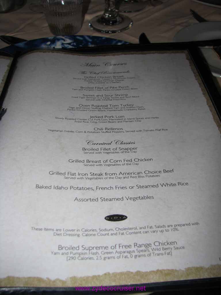 201: Carnival Fantasy, John Heald Bloggers Cruise 2, Progreso, Dinner Menu