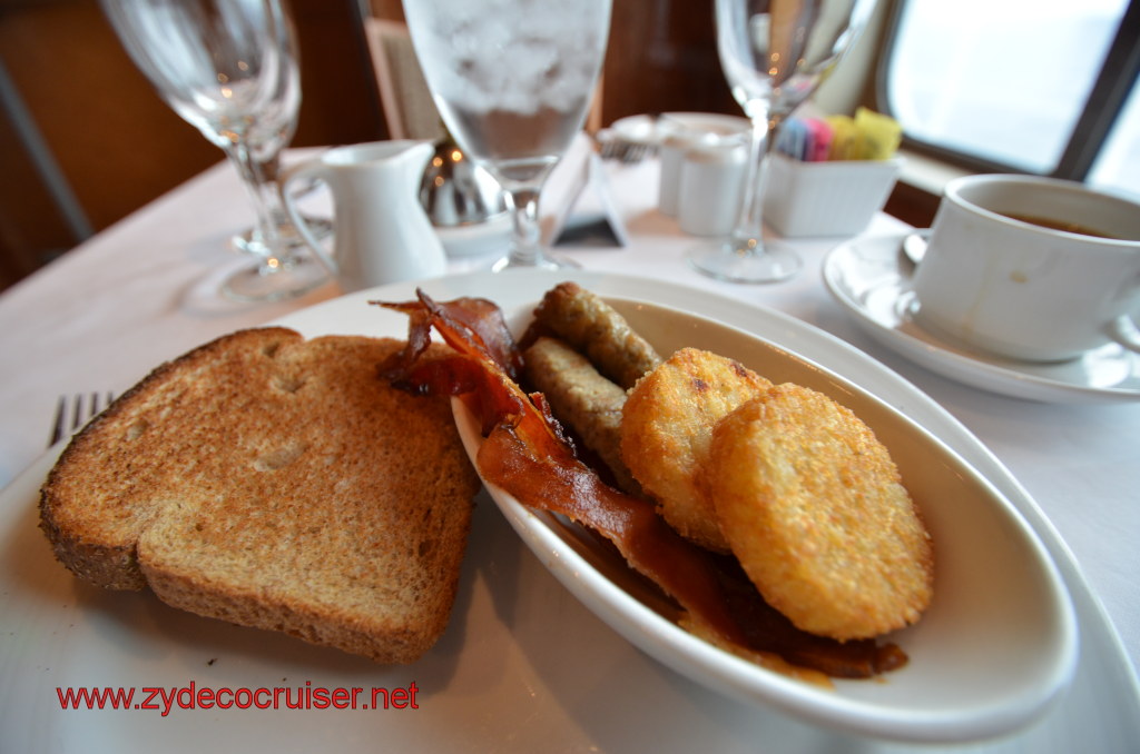 Wheat toast, bacon, sausage, hash browns, coffee