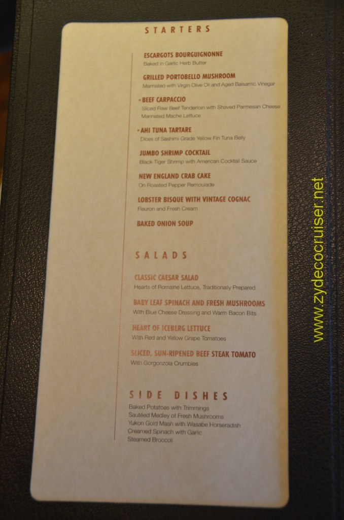 Carnival Magic, Prime Steakhouse, Menu, Starters, Salads, Side Dishes