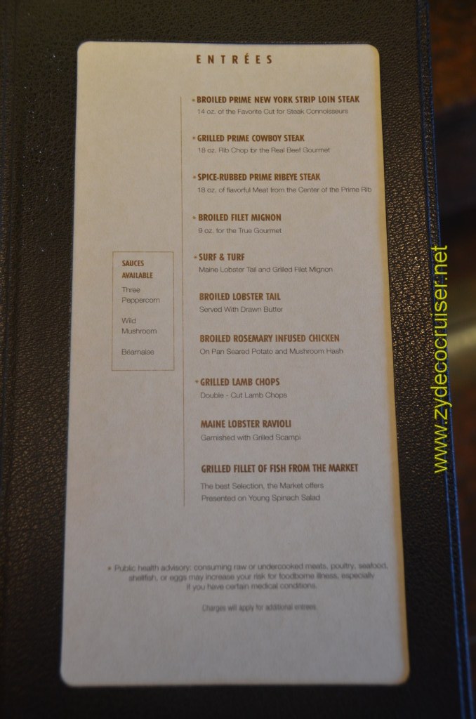 Carnival Magic, Prime Steakhouse, Menu, Entrees