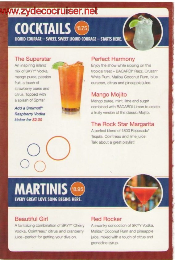 Carnival Superstar Live Karaoke Bar Menu, Page 2