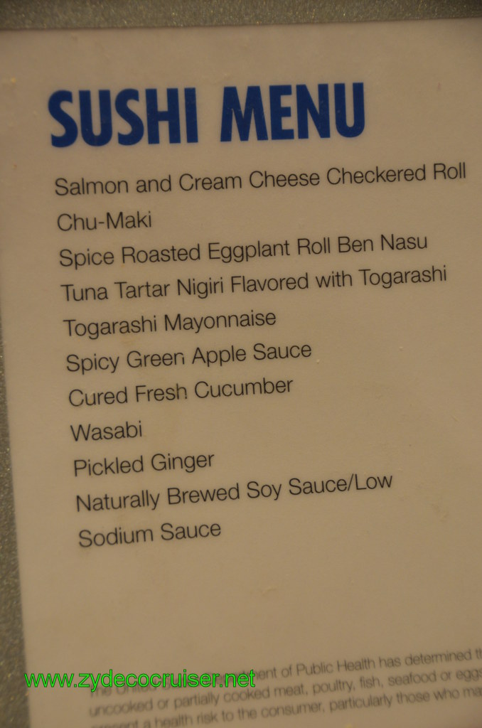 176: Carnival Conquest, Nov 19, 2011, Sea Day 3, Sushi Bar, Sushi Menu, 