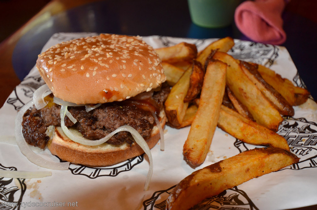 112: Carnival Conquest, Fun Day at Sea 1, Guy's Burger Joint, Burger, no cheese, onions and bbq sauce, and fries