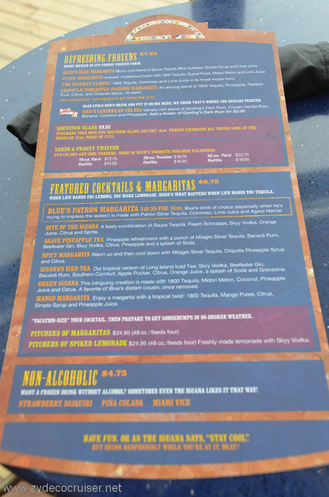 006: Carnival Conquest, Fun Ship 2.0, Blue Iguana Tequila Bar, Menu