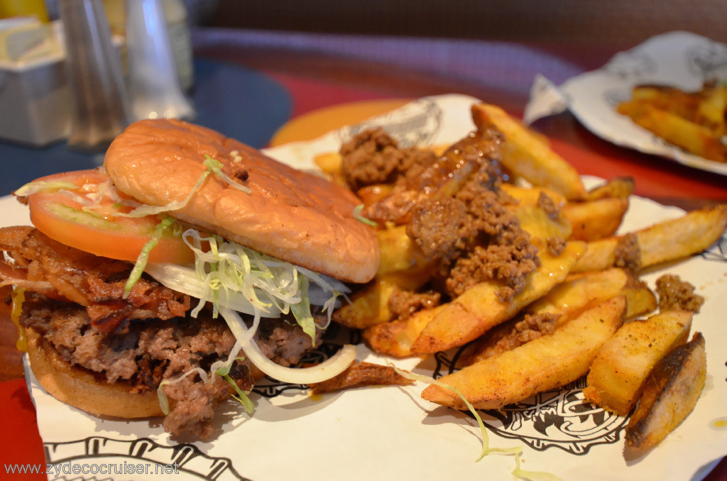 017: Carnival Conquest, Fun Ship 2.0, Guy's Burger Joint, Pig Patty, special order Chili Cheese Fries. Note: the naked fries are best - they don't need no stinking chili cheese. IMO, it ruined them and was a PITA for the staff to make.