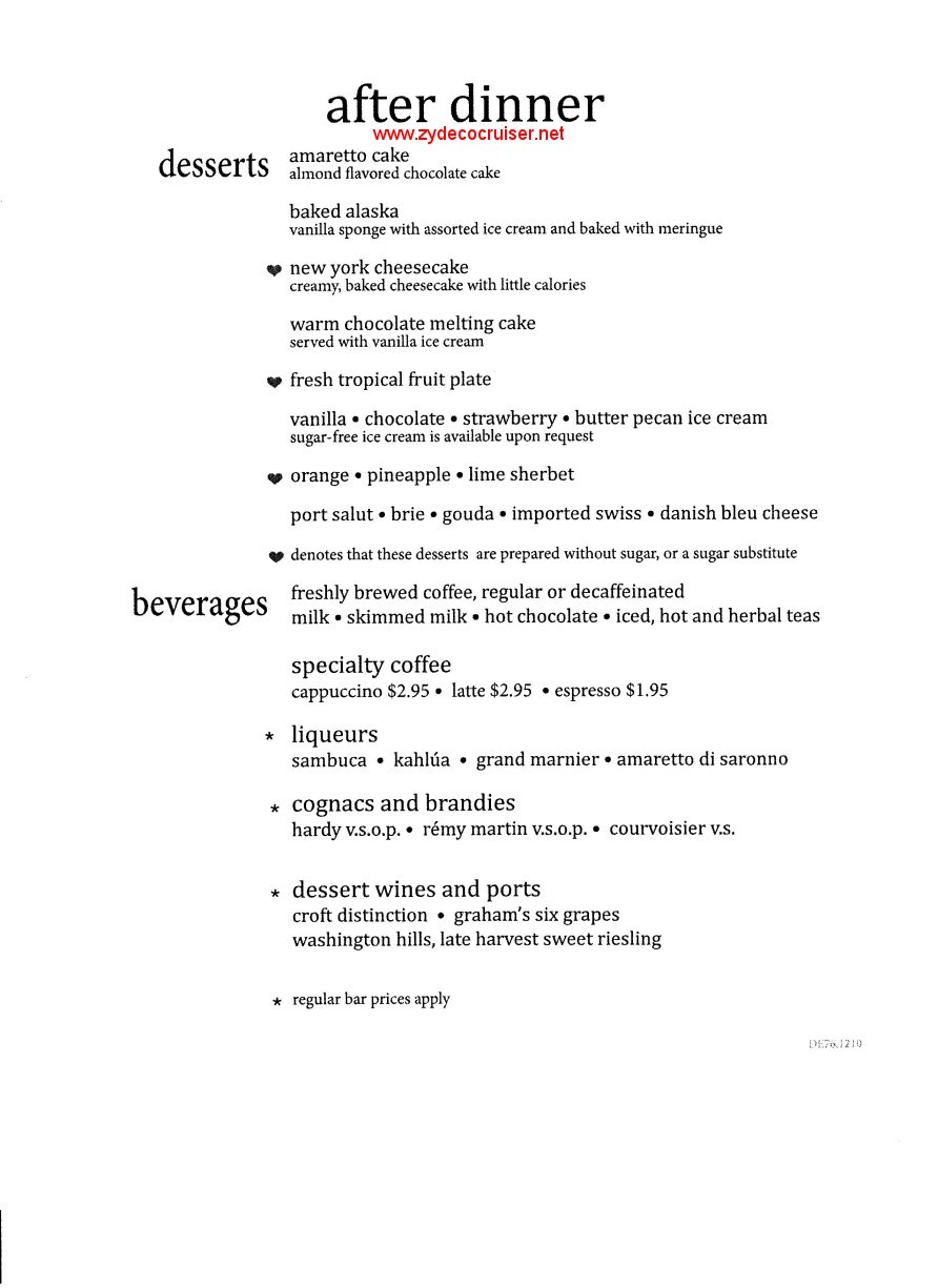 Carnival Sunshine Day 8 Dessert Menu