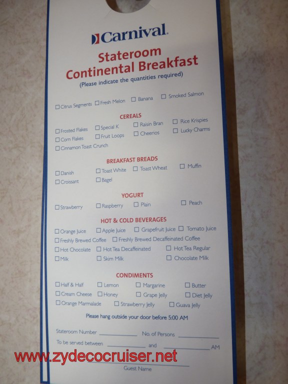 026: Carnival Dream Cove Balcony: Door Hanger Breakfast Card