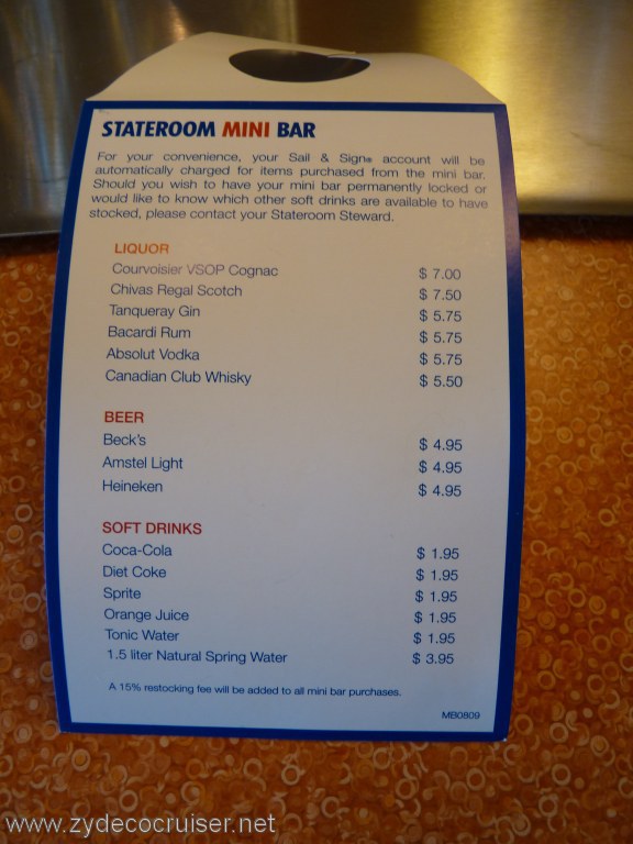 Carnival Dream Stateroom Mini Bar Menu