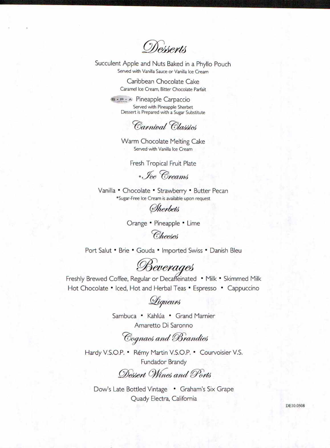 Carnival Dream Menu - DE10.0508