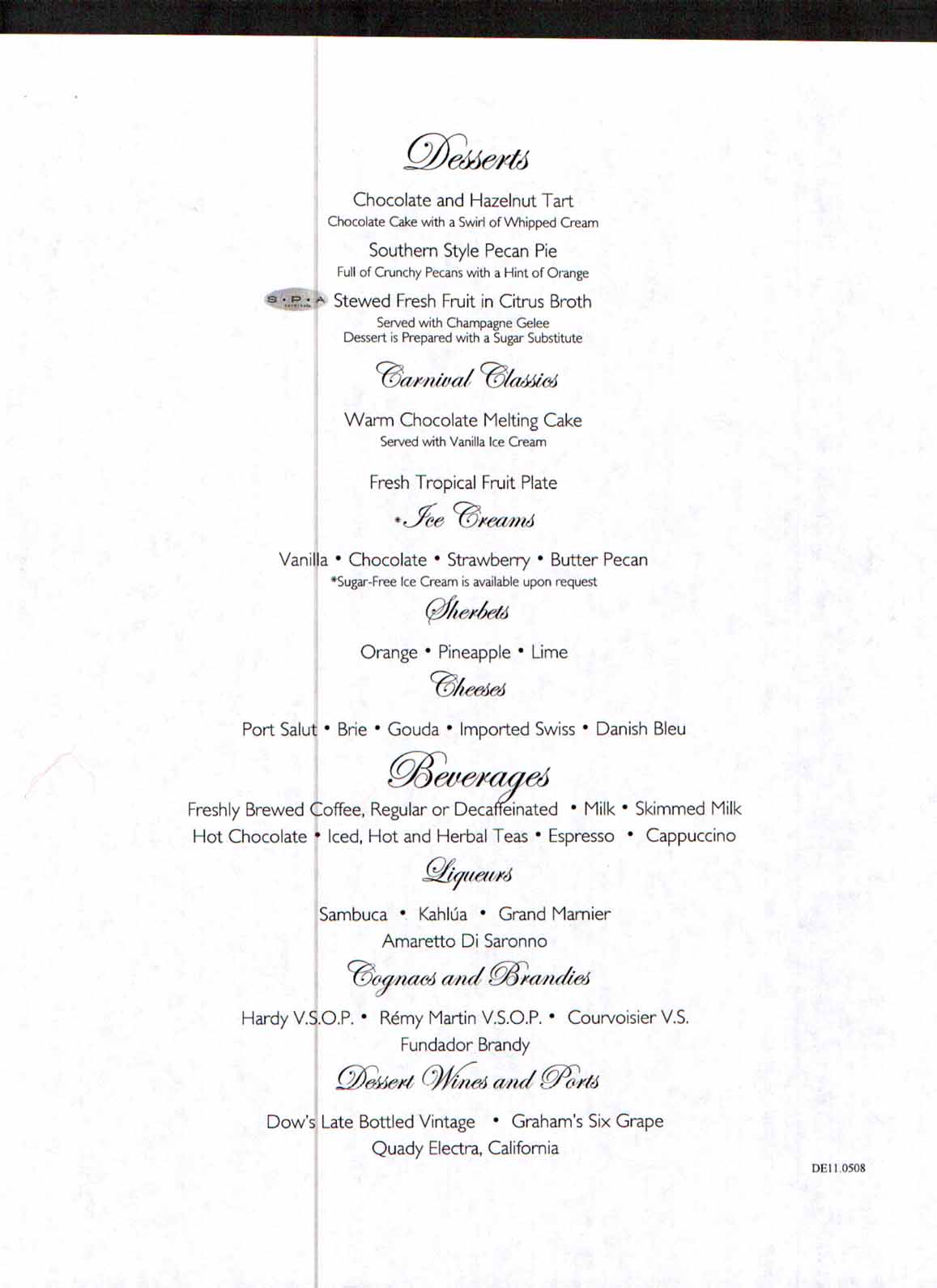 Carnival Dream Menu - DE11.0508