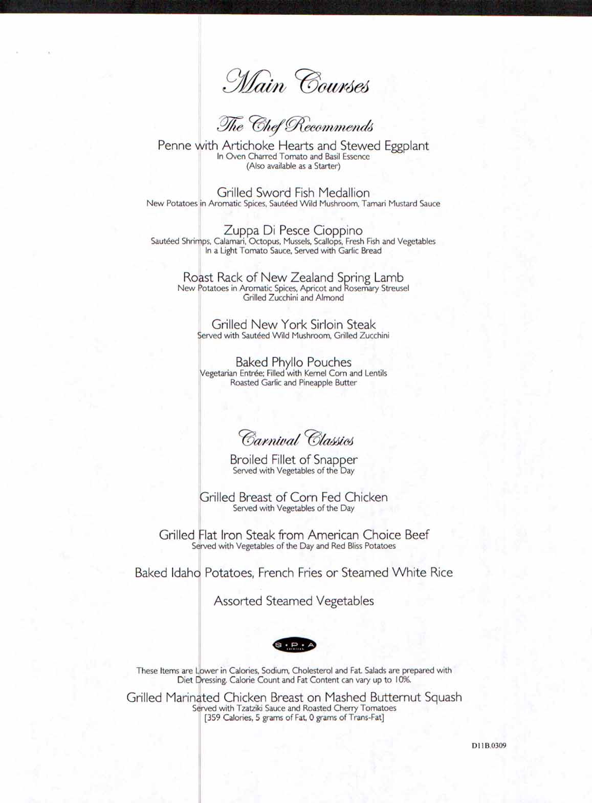 Carnival Dream Menu - D11B.0309